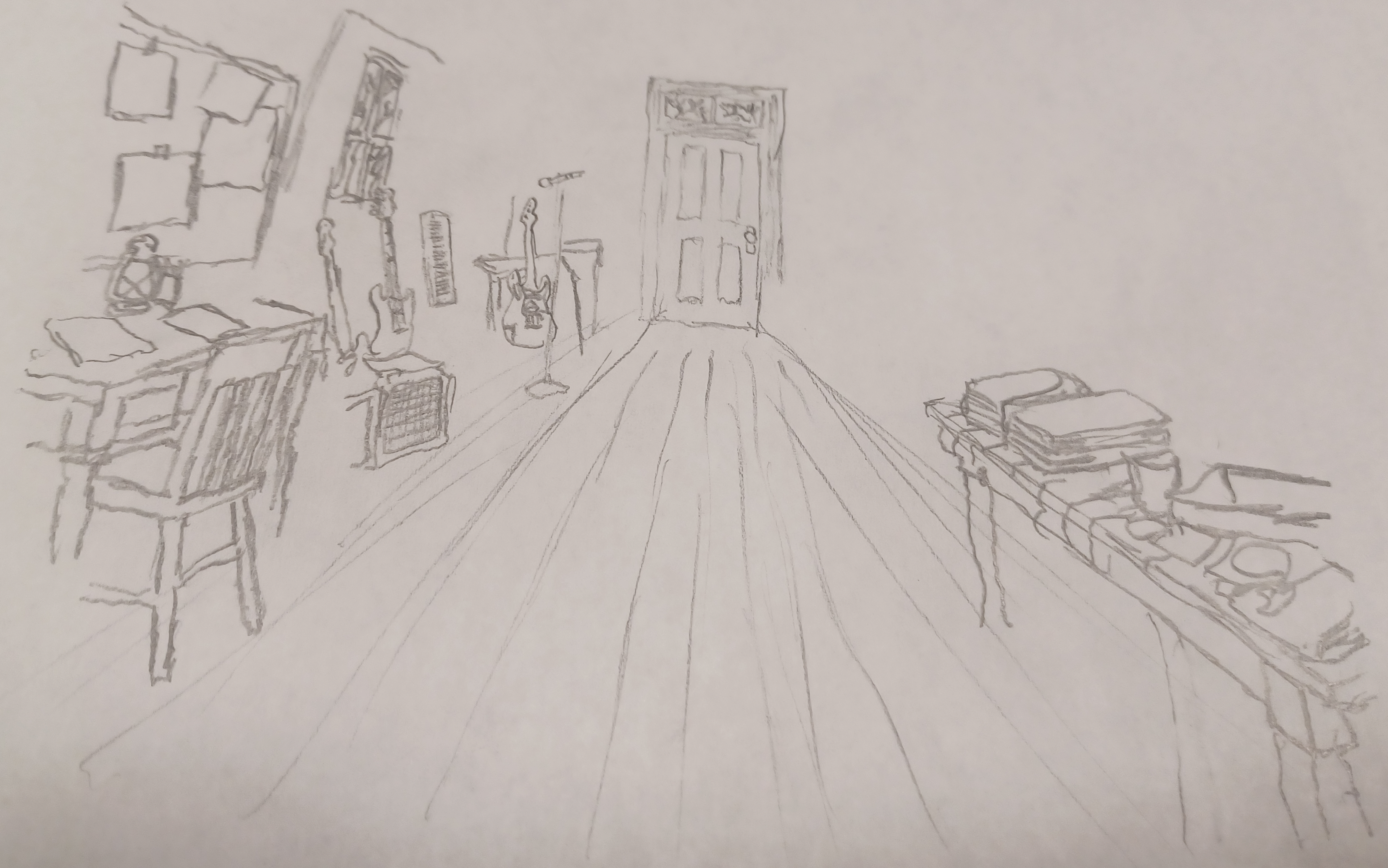 Hand-drawn Liberty Hollow interior with writing desk, instruments, merch table, and door
